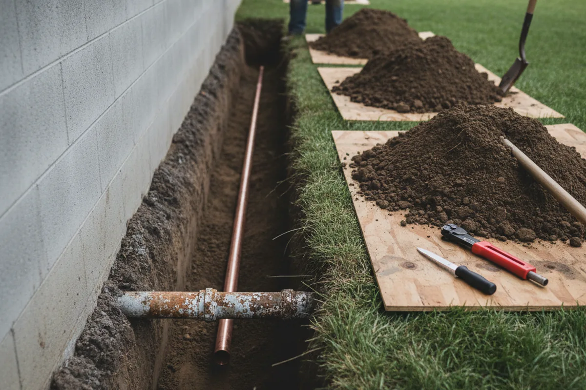 Excavated water line trench during Water Softener Installation in Hartwell